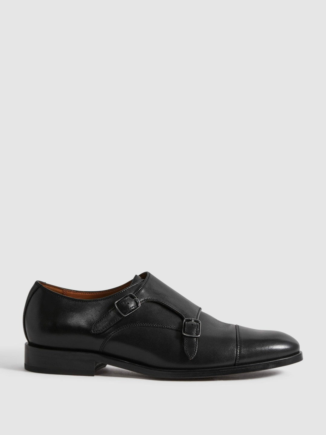 Reiss Leather Double Monk Strap Shoes in Black