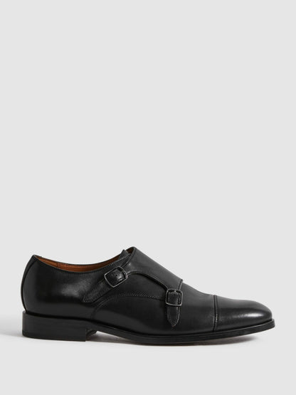 Reiss Leather Double Monk Strap Shoes in Black