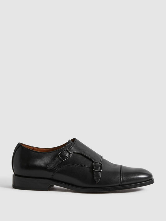 Reiss Leather Double Monk Strap Shoes in Black