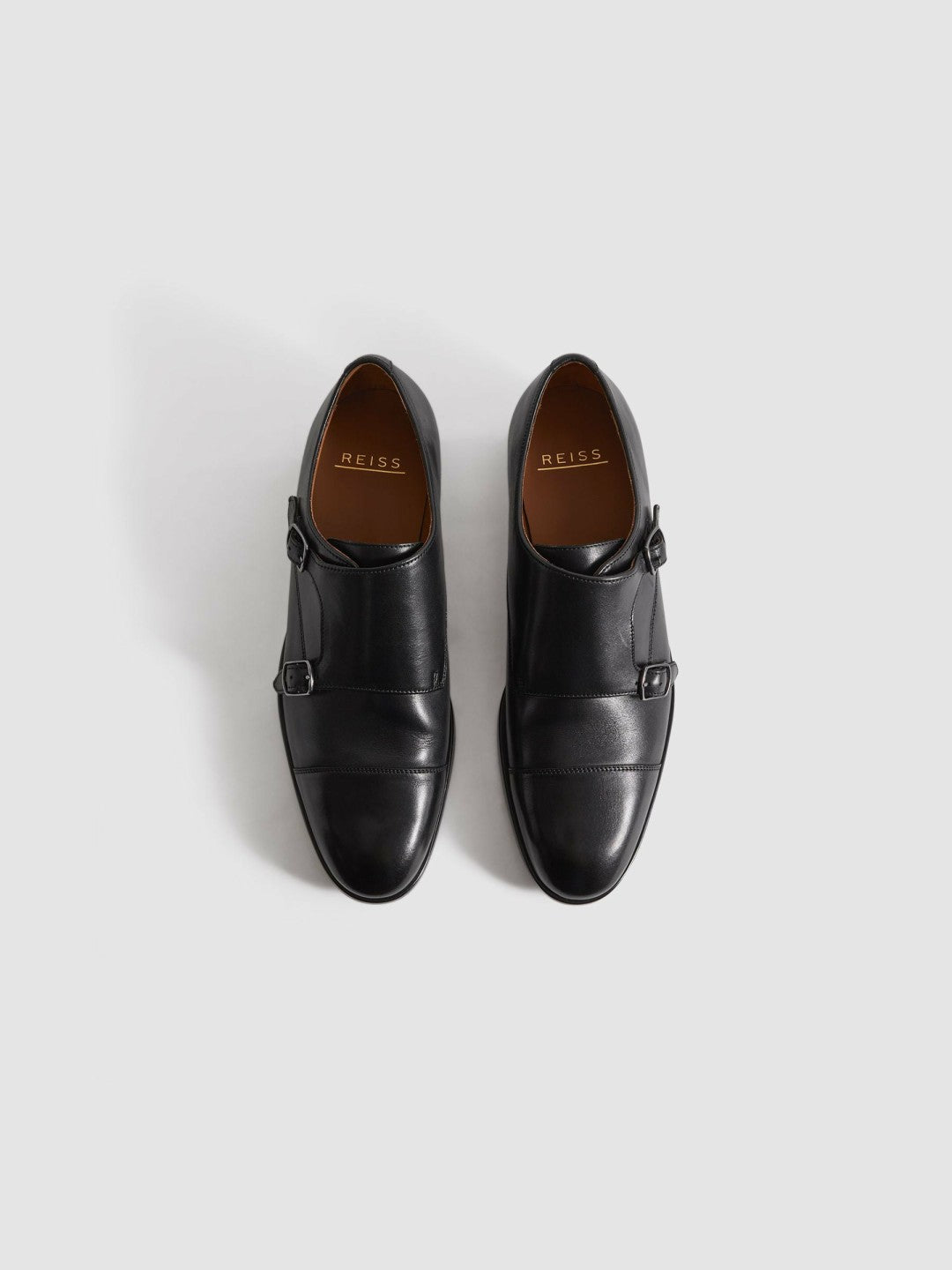 Reiss Leather Double Monk Strap Shoes in Black