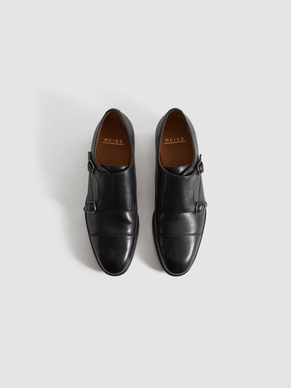Reiss Leather Double Monk Strap Shoes in Black
