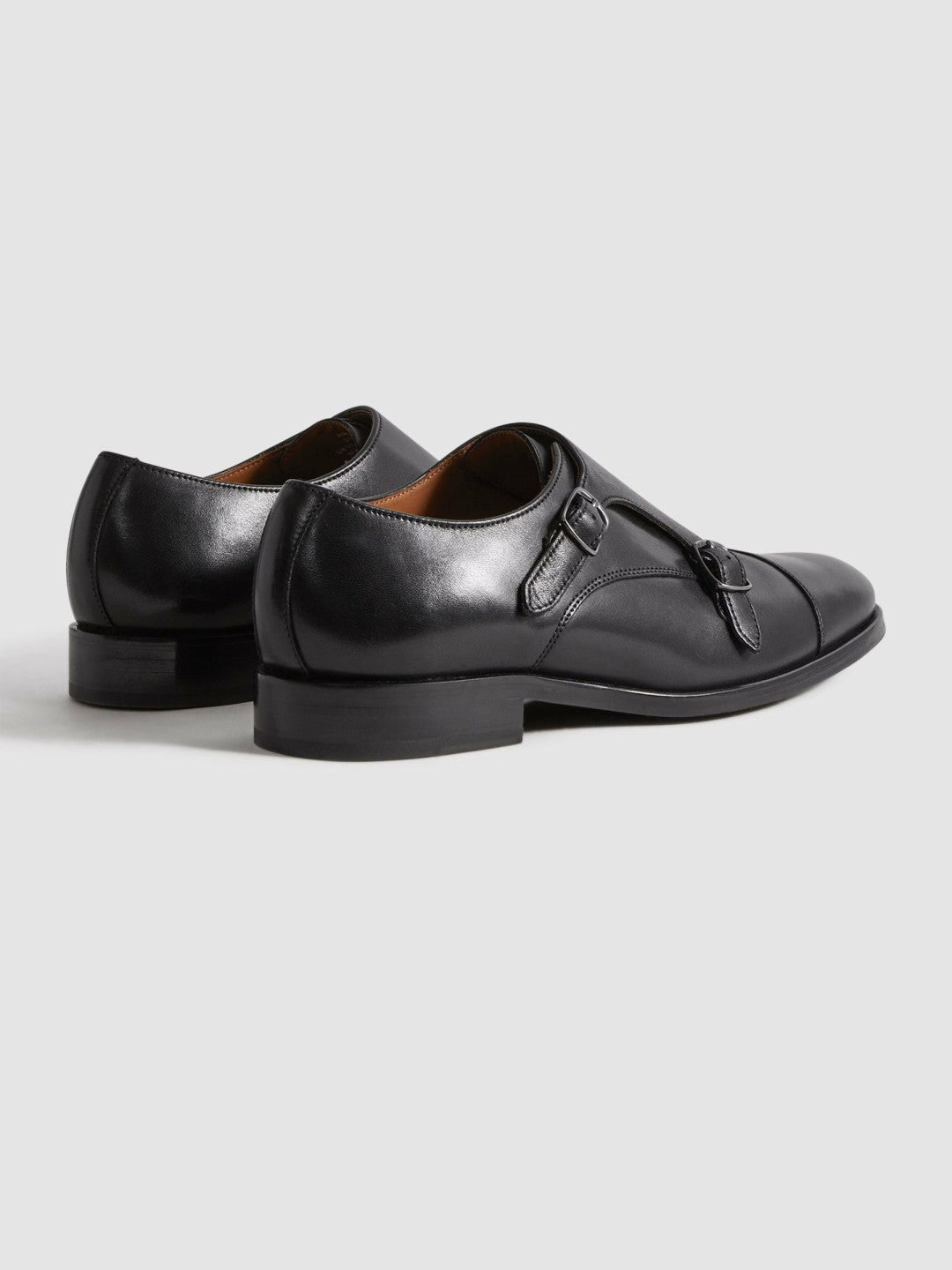 Reiss Leather Double Monk Strap Shoes in Black