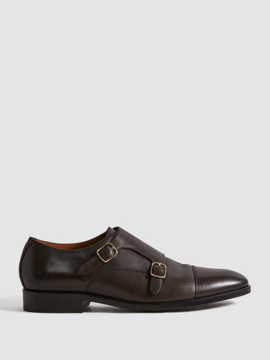Reiss Leather Double Monk Strap Shoes in Dark Brown