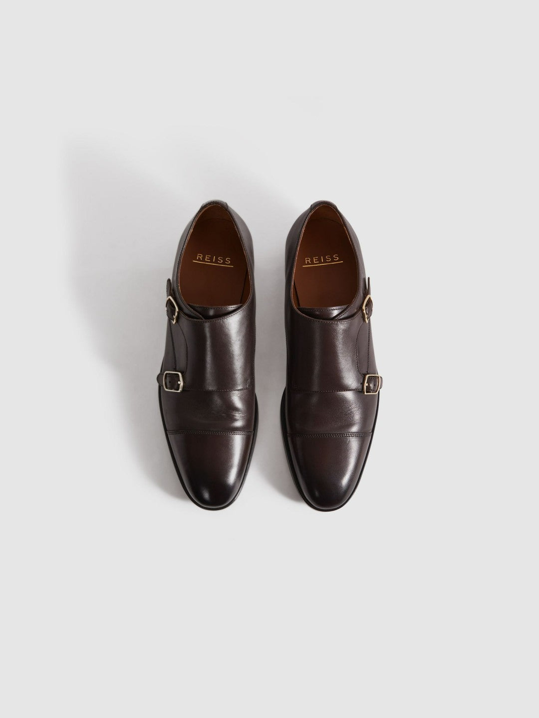 Reiss Leather Double Monk Strap Shoes in Dark Brown