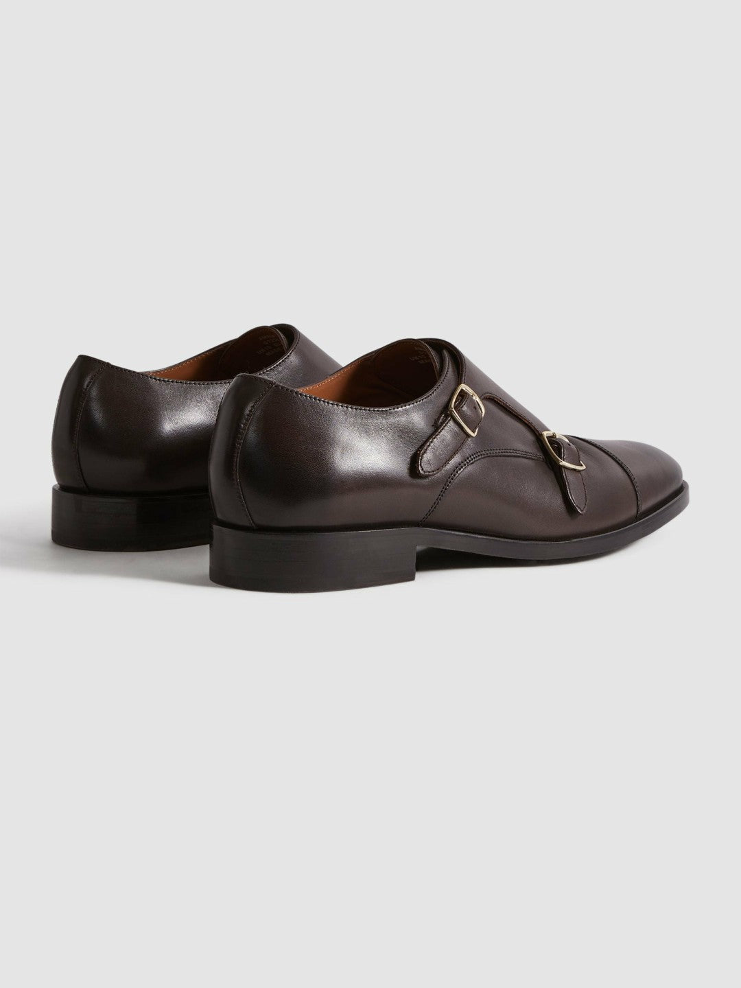 Reiss Leather Double Monk Strap Shoes in Dark Brown