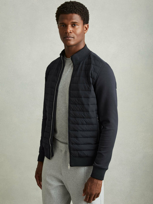 Reiss Hybrid Quilt and Knit Zip-Through Jacket in Navy