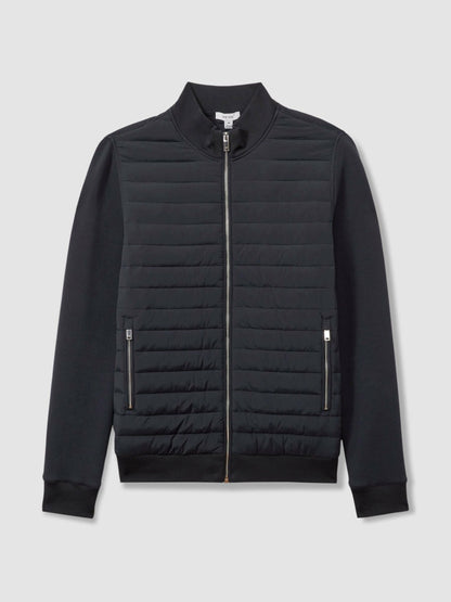 Reiss Hybrid Quilt and Knit Zip-Through Jacket in Navy