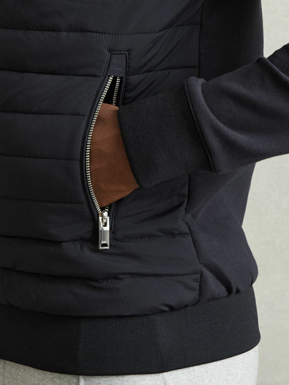 Reiss Hybrid Quilt and Knit Zip-Through Jacket in Navy