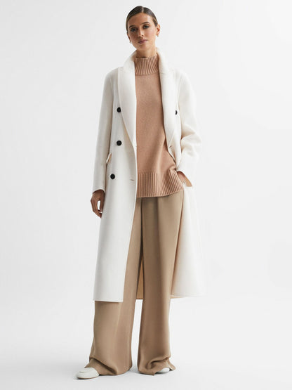 Reiss Petite Relaxed Wool Blend Blindseam Belted Coat in Cream