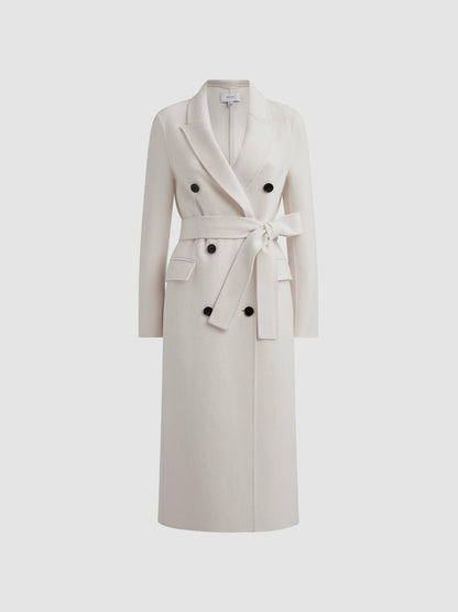 Reiss Petite Relaxed Wool Blend Blindseam Belted Coat in Cream