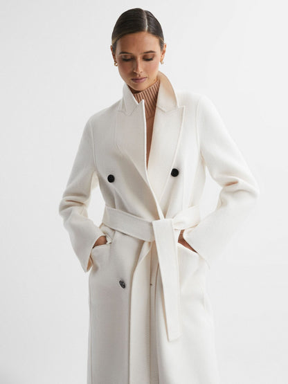 Reiss Petite Relaxed Wool Blend Blindseam Belted Coat in Cream