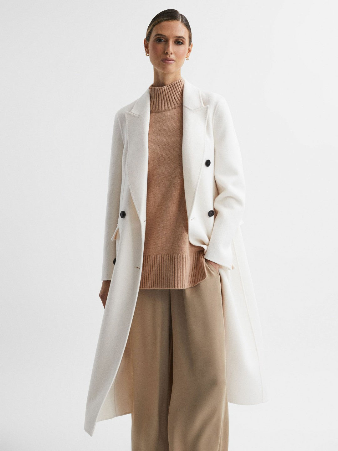Reiss Petite Relaxed Wool Blend Blindseam Belted Coat in Cream