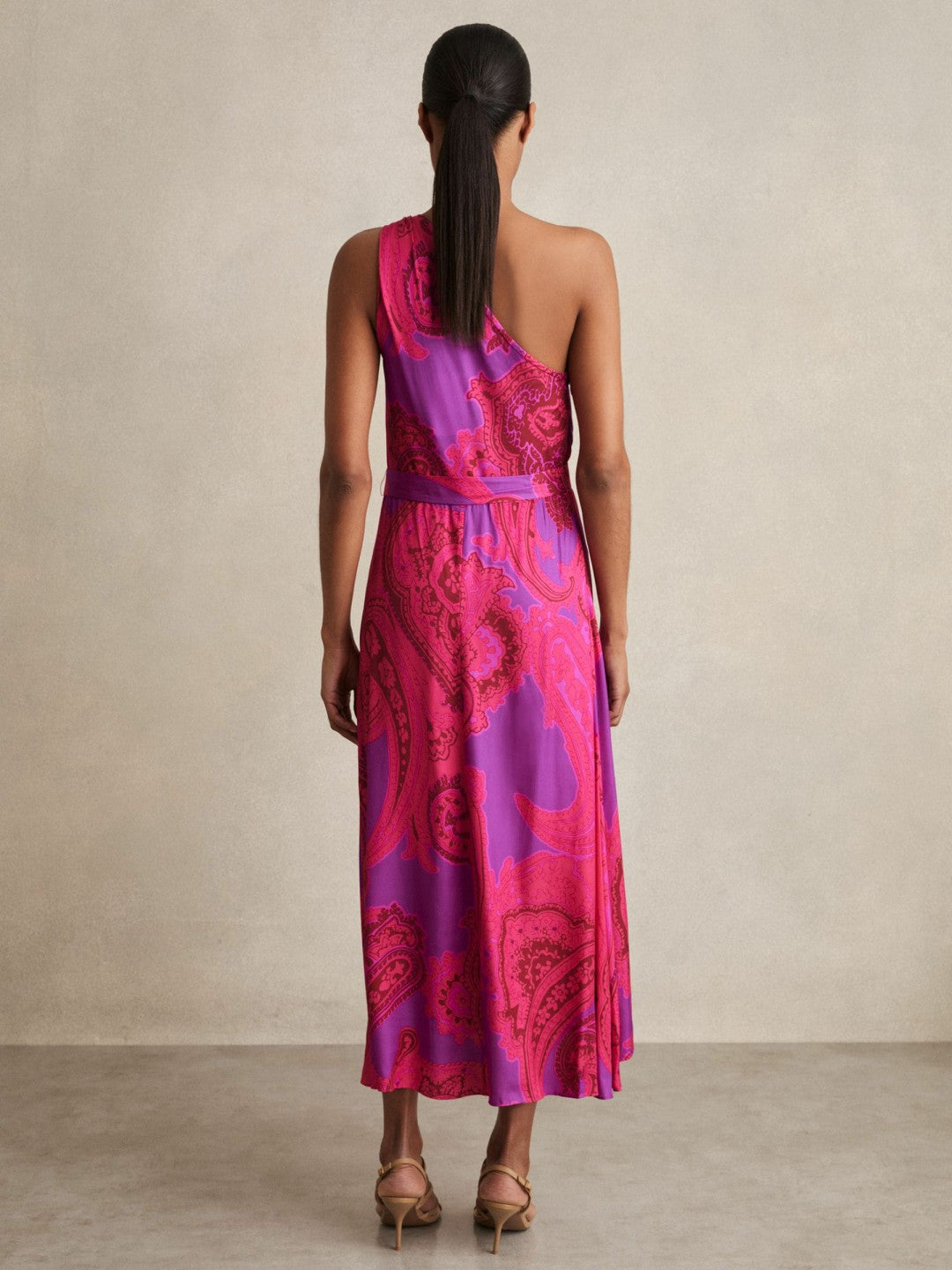 Reiss Paisley-Print One-Shoulder Midi Dress in Pink