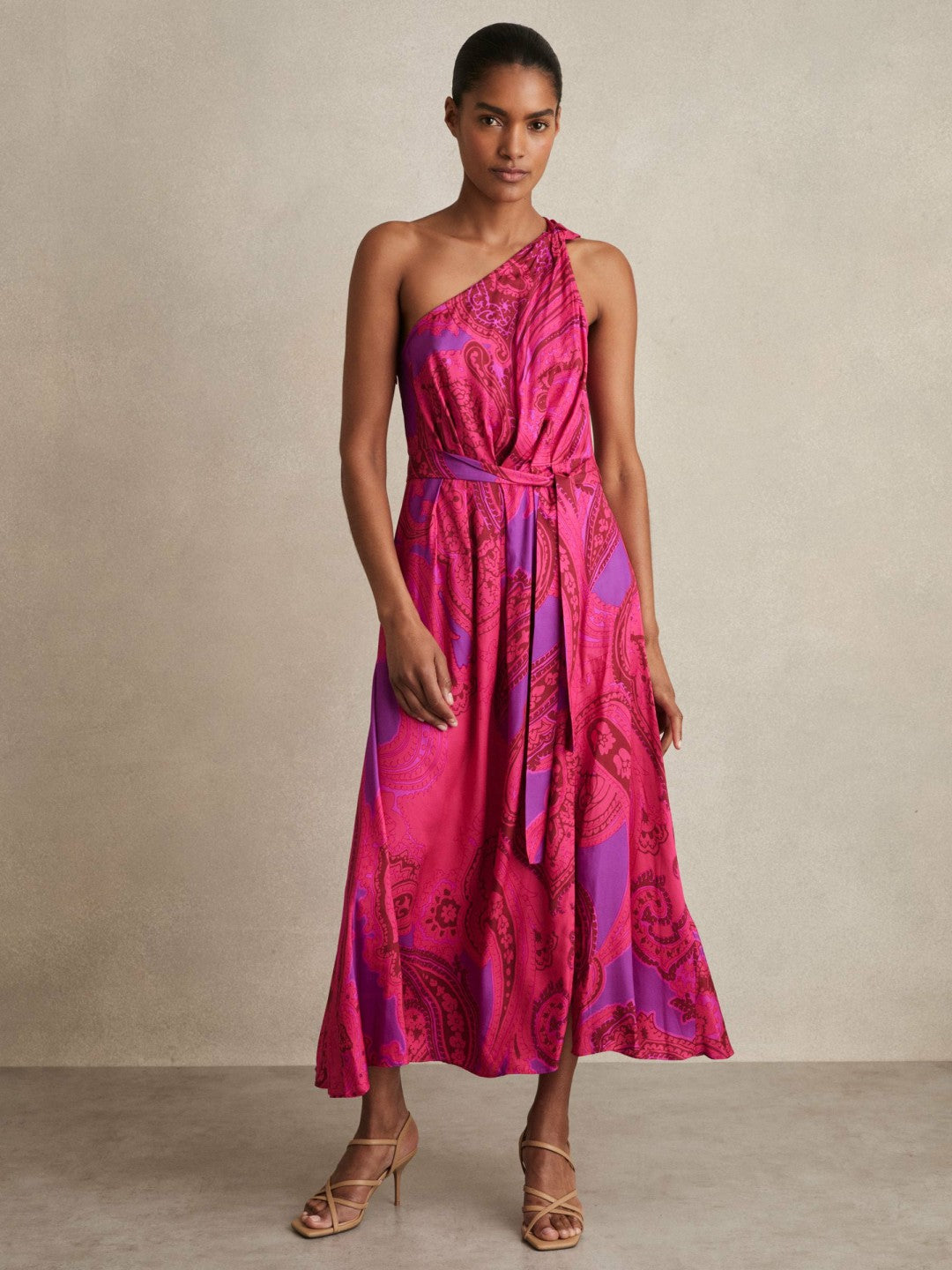 Reiss Paisley-Print One-Shoulder Midi Dress in Pink