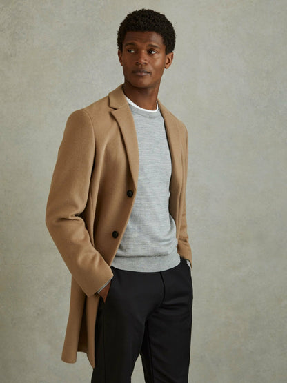 Reiss Wool Blend Single Breasted Epsom Overcoat in Camel