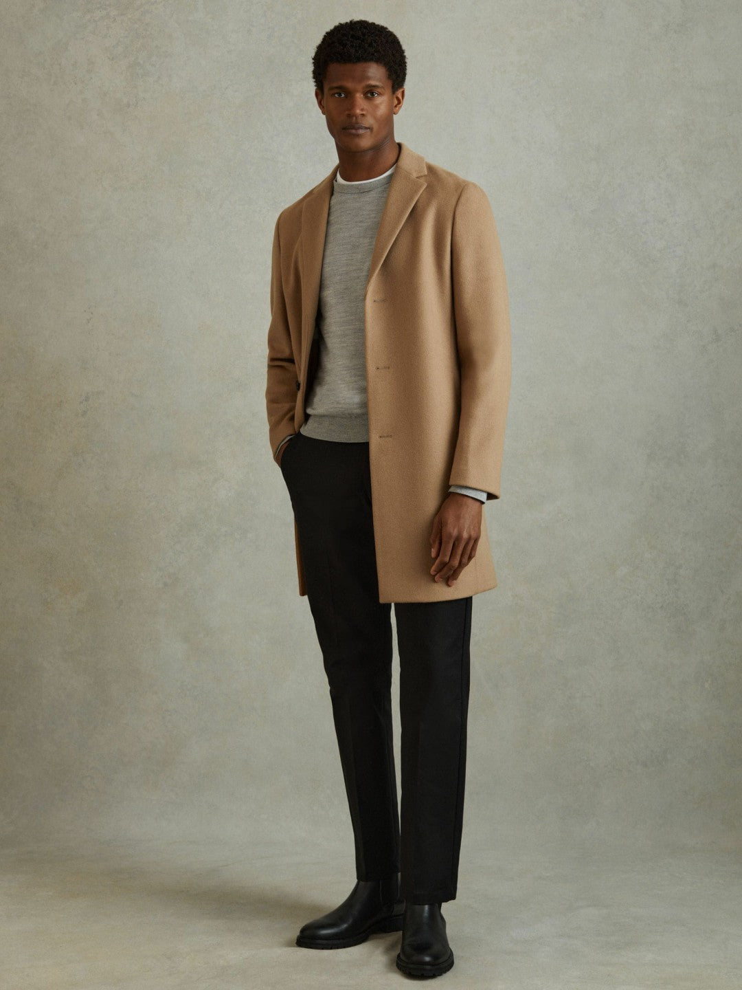 Reiss Wool Blend Single Breasted Epsom Overcoat in Camel