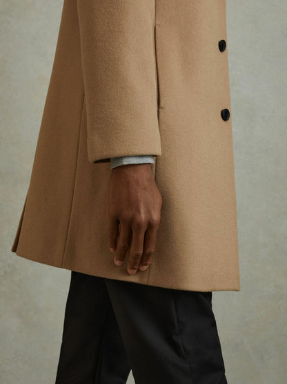Reiss Wool Blend Single Breasted Epsom Overcoat in Camel