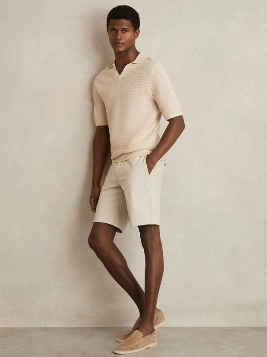 Reiss Pointelle Open-Collar Polo Shirt in Stone
