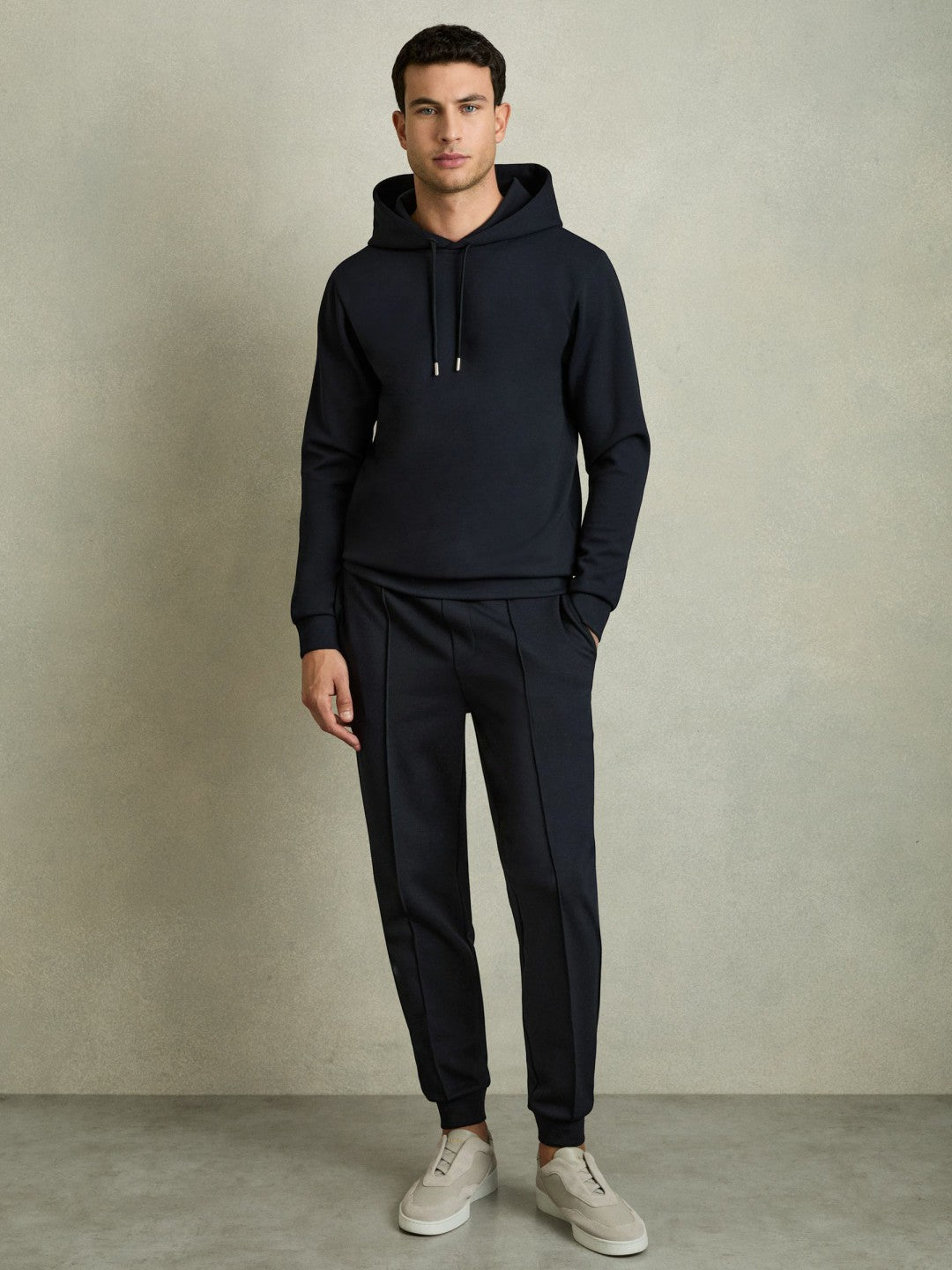 Reiss Interlock Jersey Drawstring Hoodie in Navy Blue