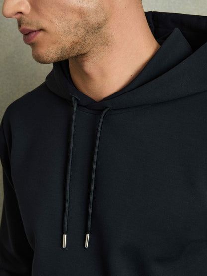 Reiss Interlock Jersey Drawstring Hoodie in Navy Blue
