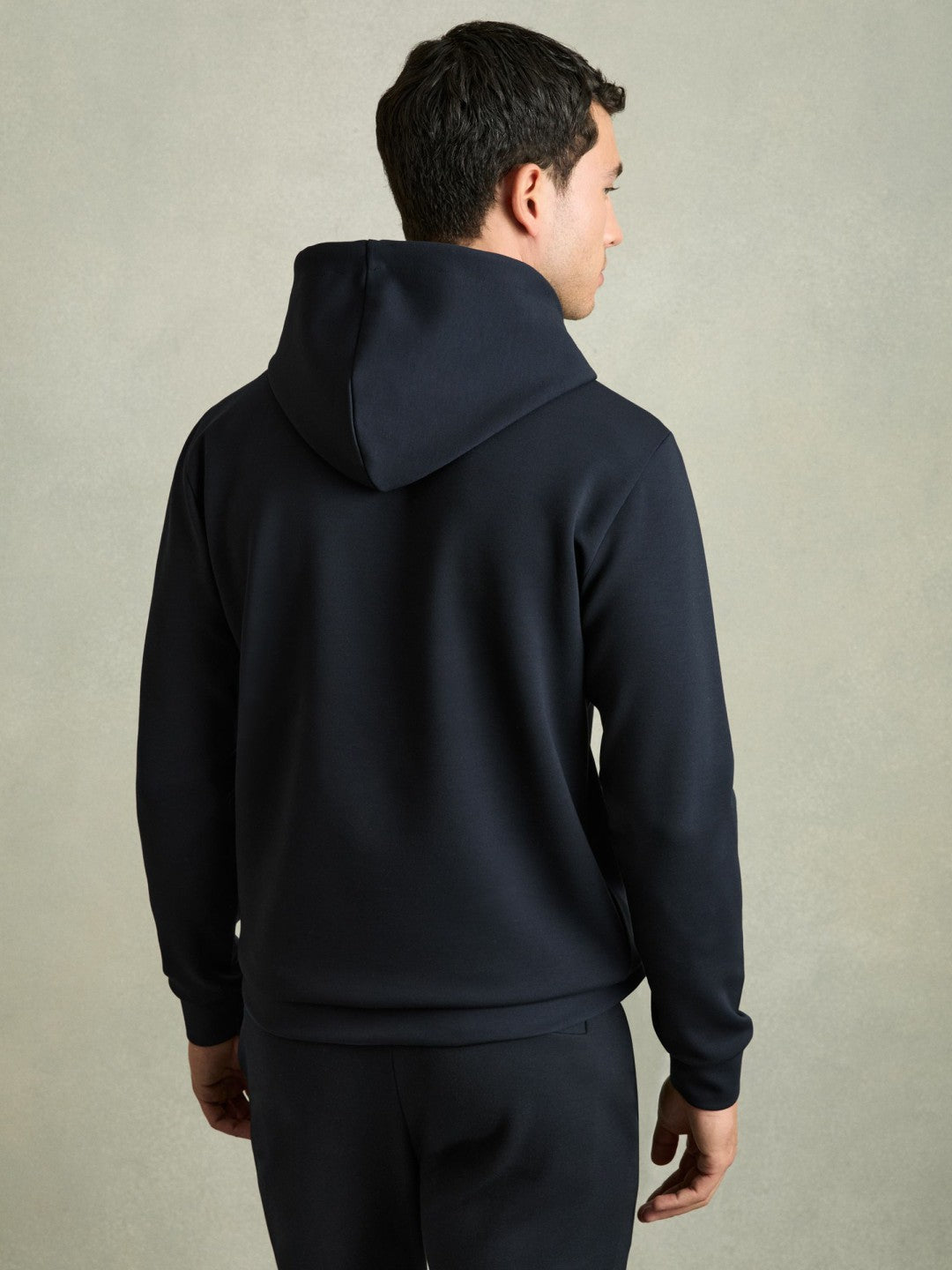 Reiss Interlock Jersey Drawstring Hoodie in Navy Blue