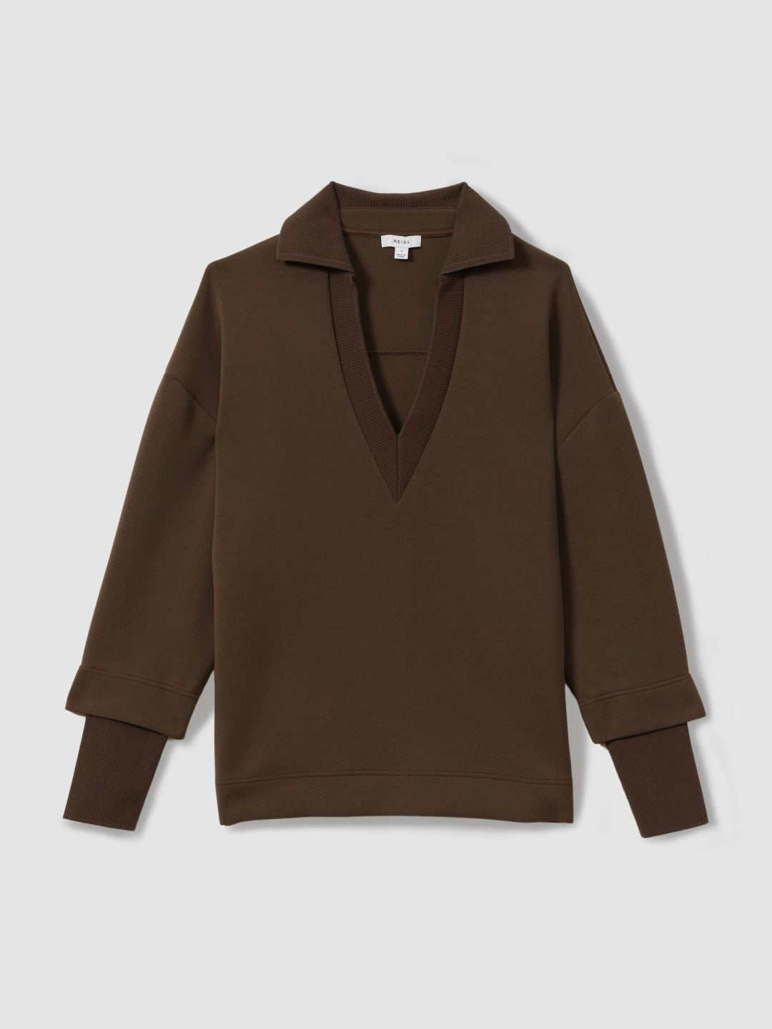 Reiss Interlock Open-Collar Sweatshirt in Chocolate