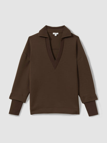 Reiss Interlock Open-Collar Sweatshirt in Chocolate