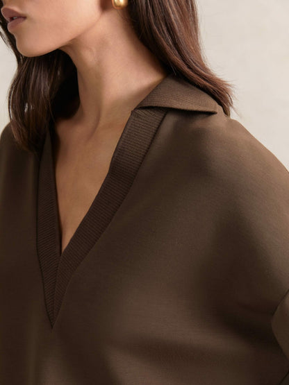 Reiss Interlock Open-Collar Sweatshirt in Chocolate