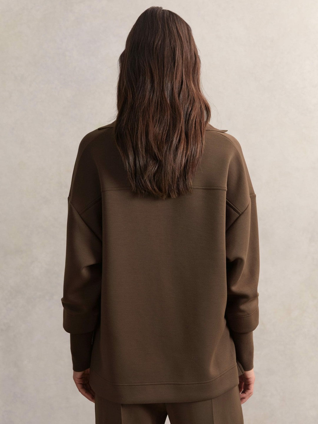 Reiss Interlock Open-Collar Sweatshirt in Chocolate