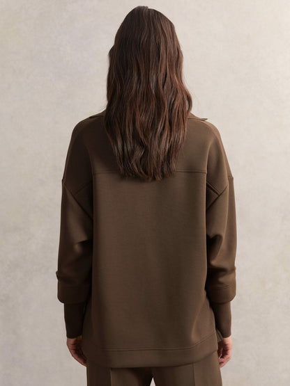Reiss Interlock Open-Collar Sweatshirt in Chocolate