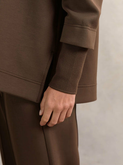 Reiss Interlock Open-Collar Sweatshirt in Chocolate