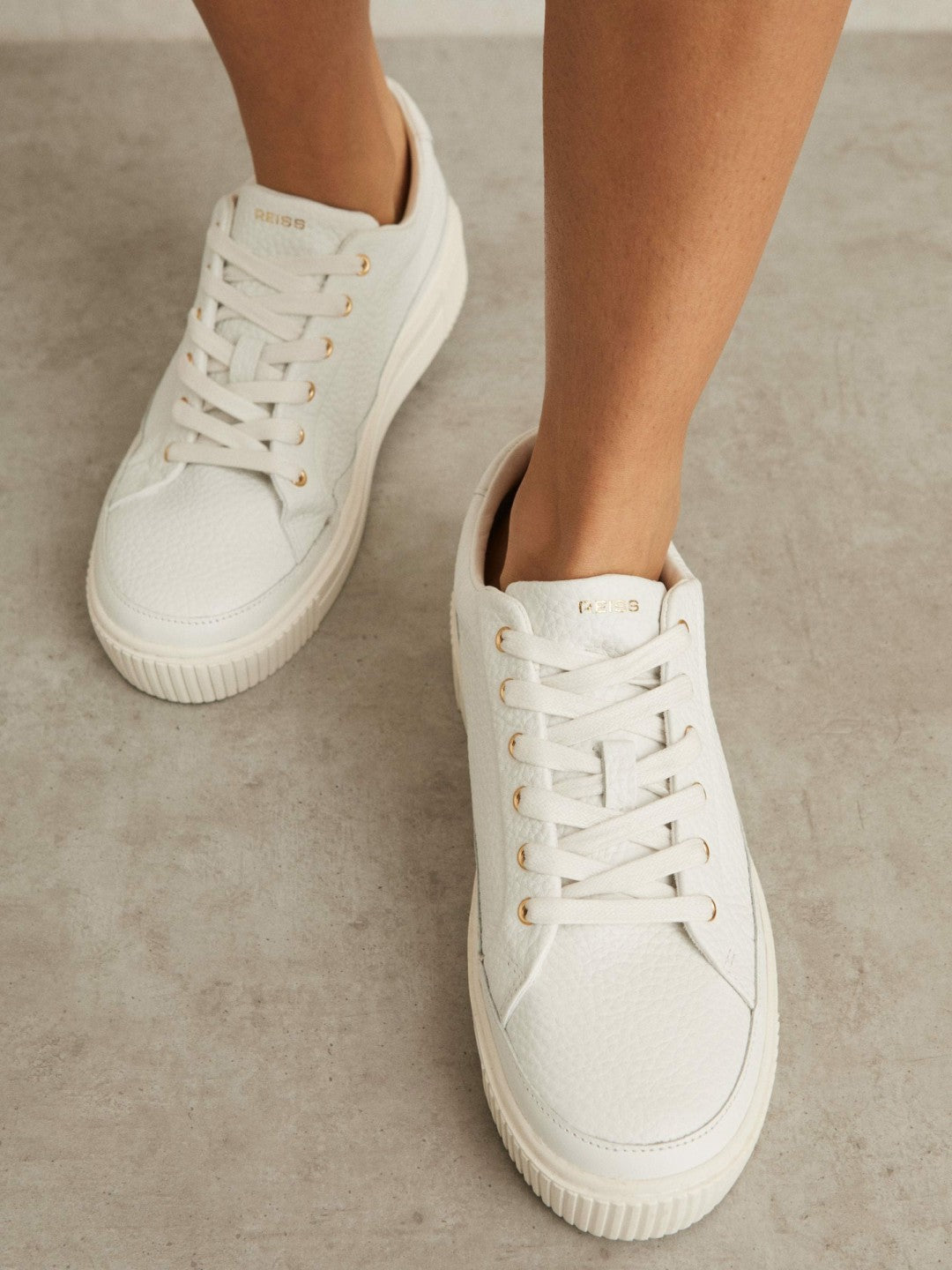 Reiss Grained Leather Platform Trainers in White