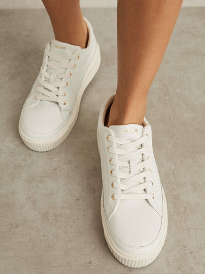 Reiss Grained Leather Platform Trainers in White