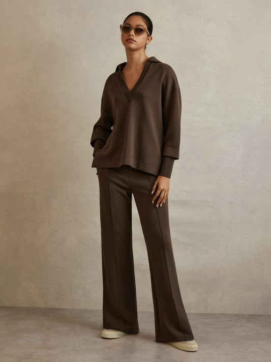 Reiss Interlock Wide-Leg Joggers in Chocolate