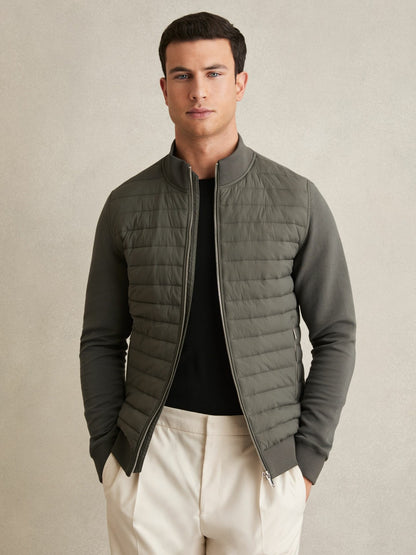 Reiss Hybrid Quilt and Knit Zip-Through Jacket in Sage