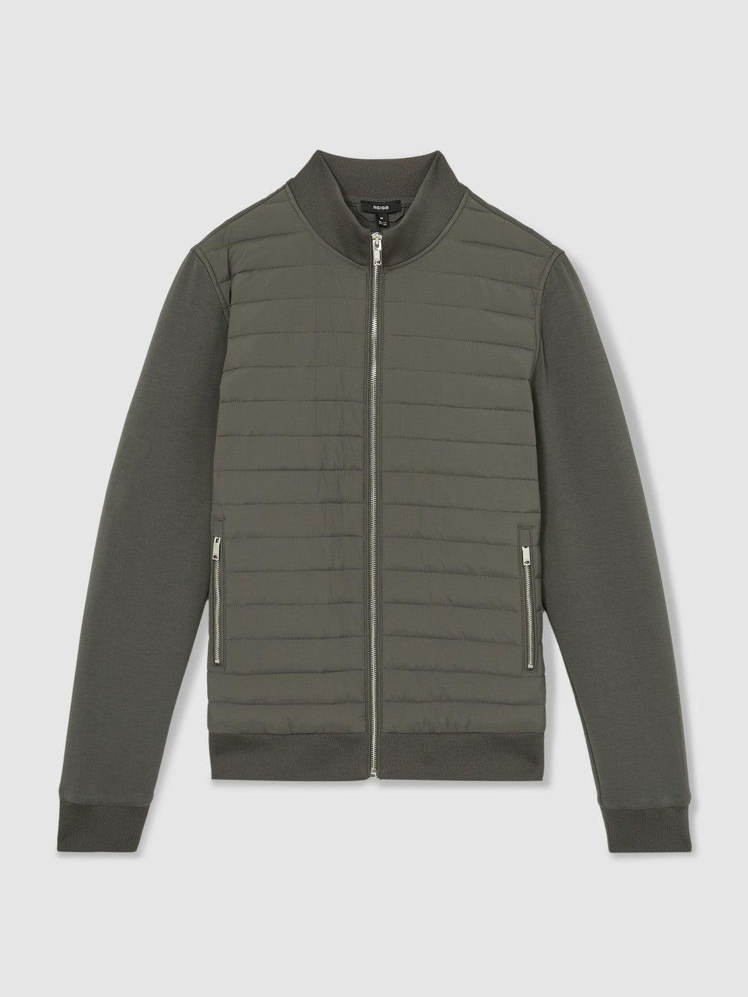 Reiss Hybrid Quilt and Knit Zip-Through Jacket in Sage