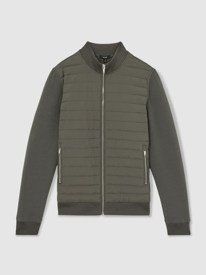 Reiss Hybrid Quilt and Knit Zip-Through Jacket in Sage