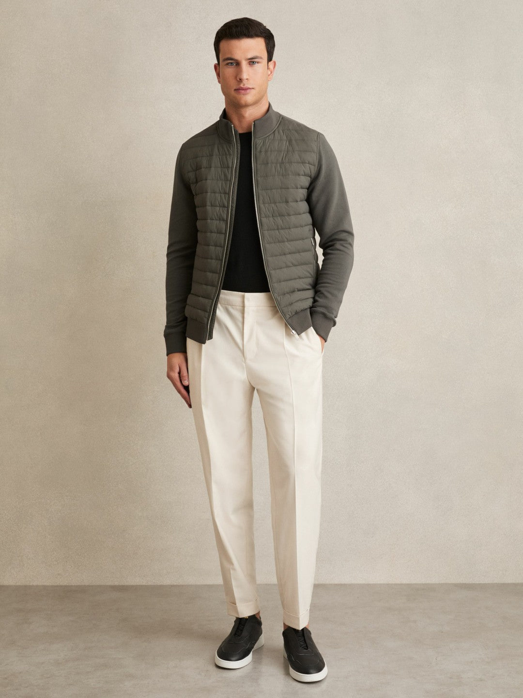 Reiss Hybrid Quilt and Knit Zip-Through Jacket in Sage