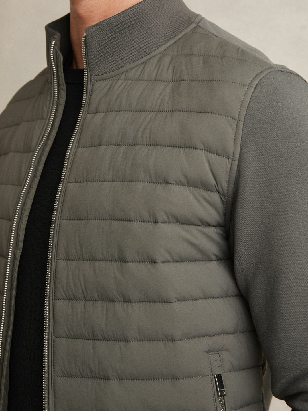 Reiss Hybrid Quilt and Knit Zip-Through Jacket in Sage