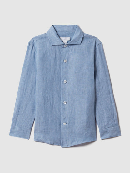 Reiss 3-9 yrs Striped Linen Cutaway Collar Shirt in Sky Blue