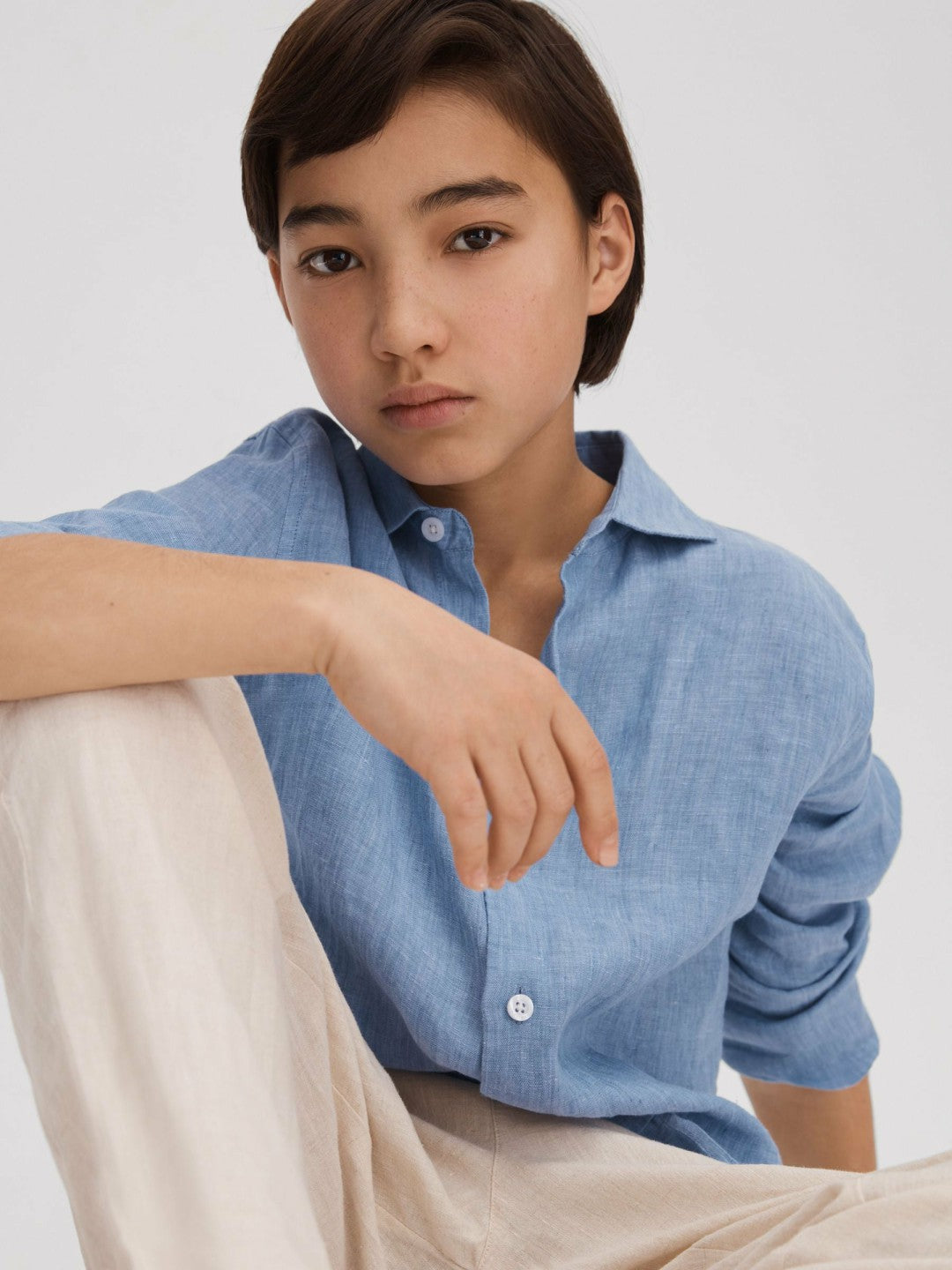 Reiss 3-9 yrs Striped Linen Cutaway Collar Shirt in Sky Blue