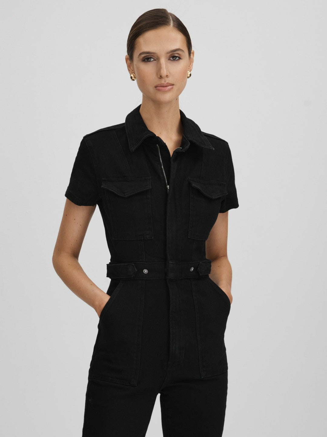 Reiss Good American Denim Jumpsuit in Black