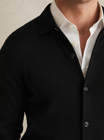 Reiss Merino Wool Button-Through Cardigan in Black