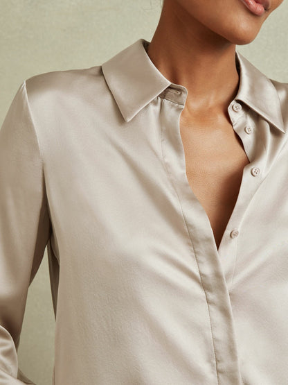 Reiss Silk Double-Cuff Button-Through Shirt in Champagne