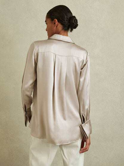 Reiss Silk Double-Cuff Button-Through Shirt in Champagne