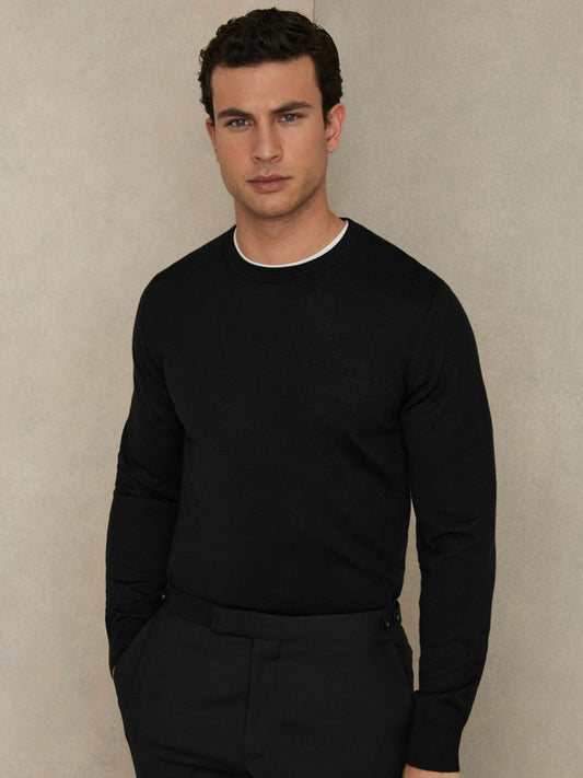 Reiss Merino Wool Crew Neck Jumper in Black