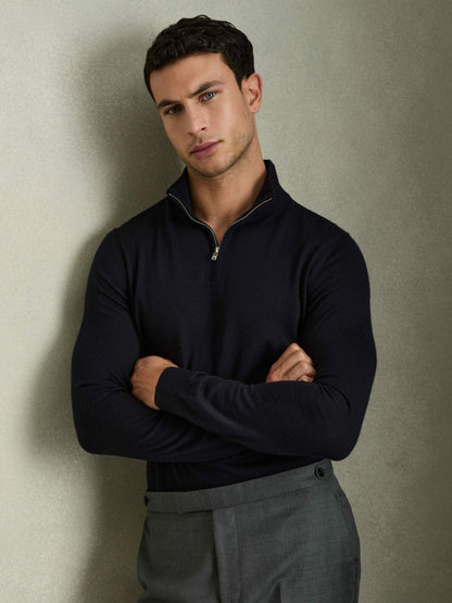 Reiss Merino Wool Half-Zip Jumper in Navy