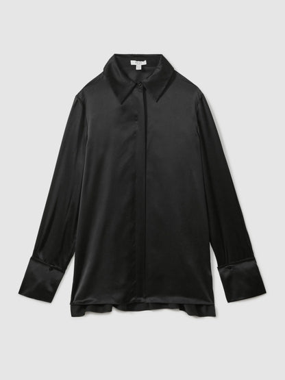 Reiss Silk Double-Cuff Button-Through Shirt in Black