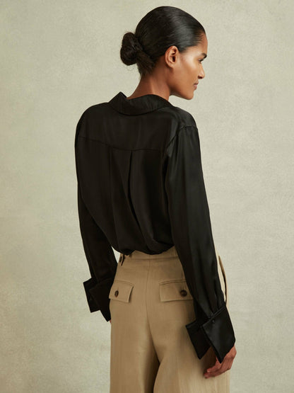 Reiss Silk Double-Cuff Button-Through Shirt in Black
