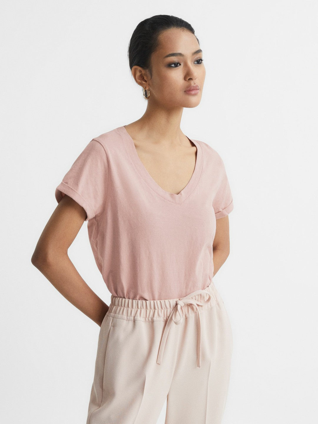 Reiss Cotton-Jersey V-Neck T-Shirt in Light Pink